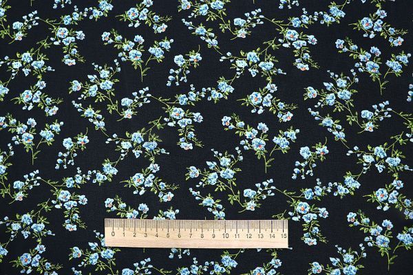 Шифон принт/цветы голубые на черном 3926-PY/D#5/C#3