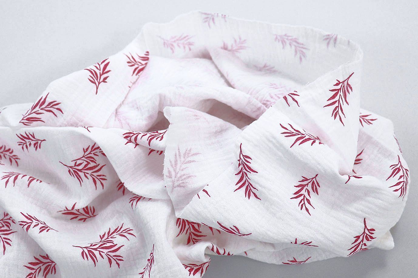 Муслин принт/листья красные на белом 1393-PY/D#14/C#1