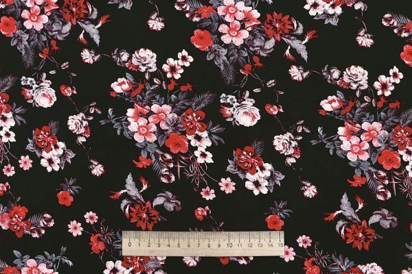 Штапель принт/цветы красно-серые на черном 4205-PY/D#9/C#3