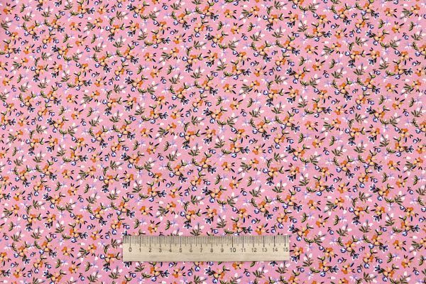 Штапель принт/цветы оранжево-зеленые на розовом 4205-PY/D#11/C#2