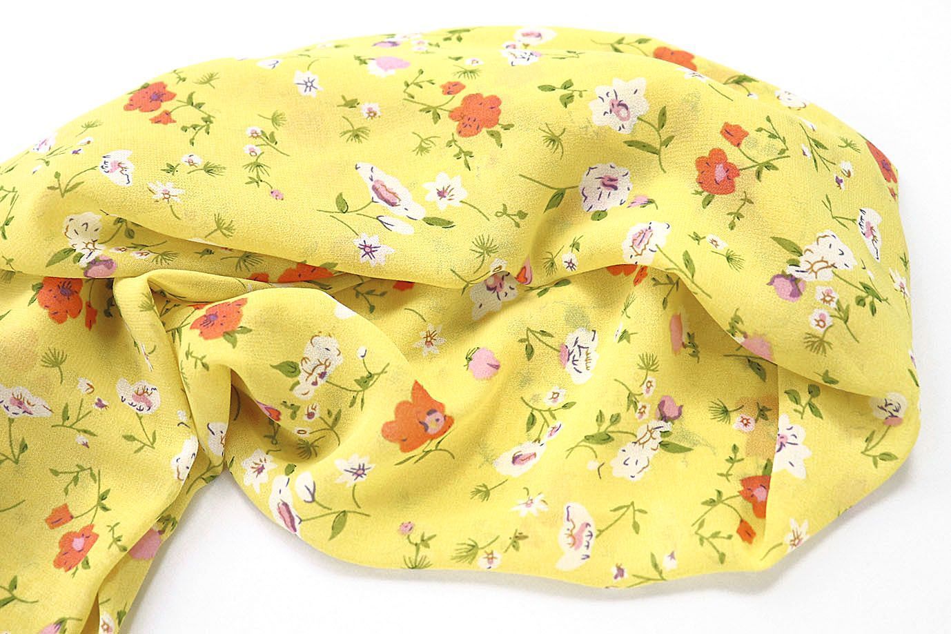 Шифон принт/цветы бело-коралловые на желтом 3707-PY/D#54/C#3