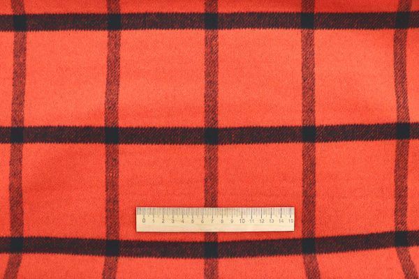 Пальтовая ткань "Микроворса" принт/клетка черная на коралловом 778-90135/C#8020-2