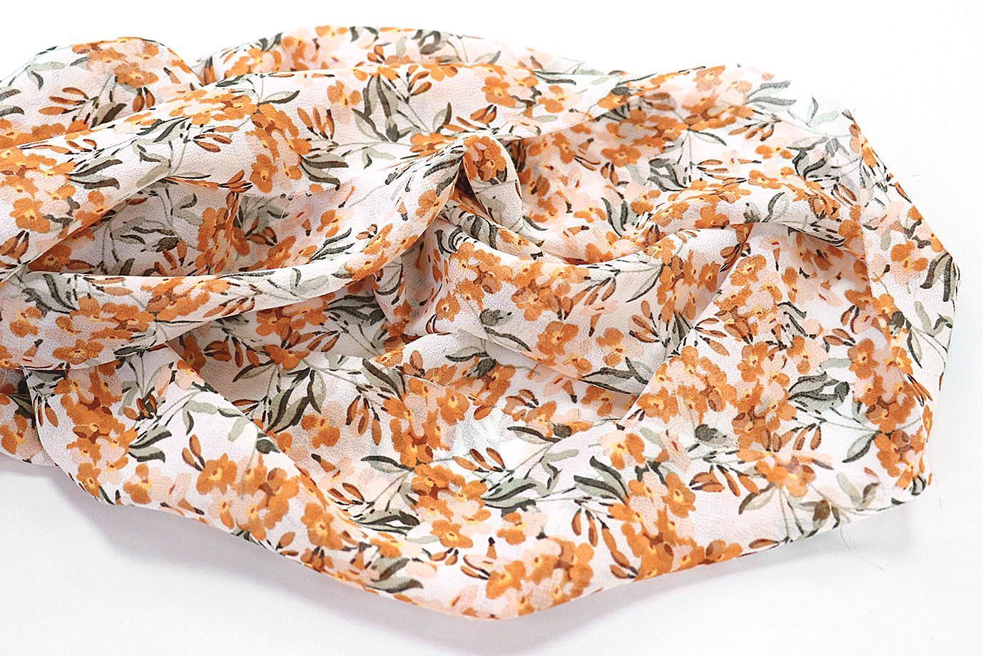 Шифон креп принт/цветы оранжевые на белом 3618-PY/D#7/C#2