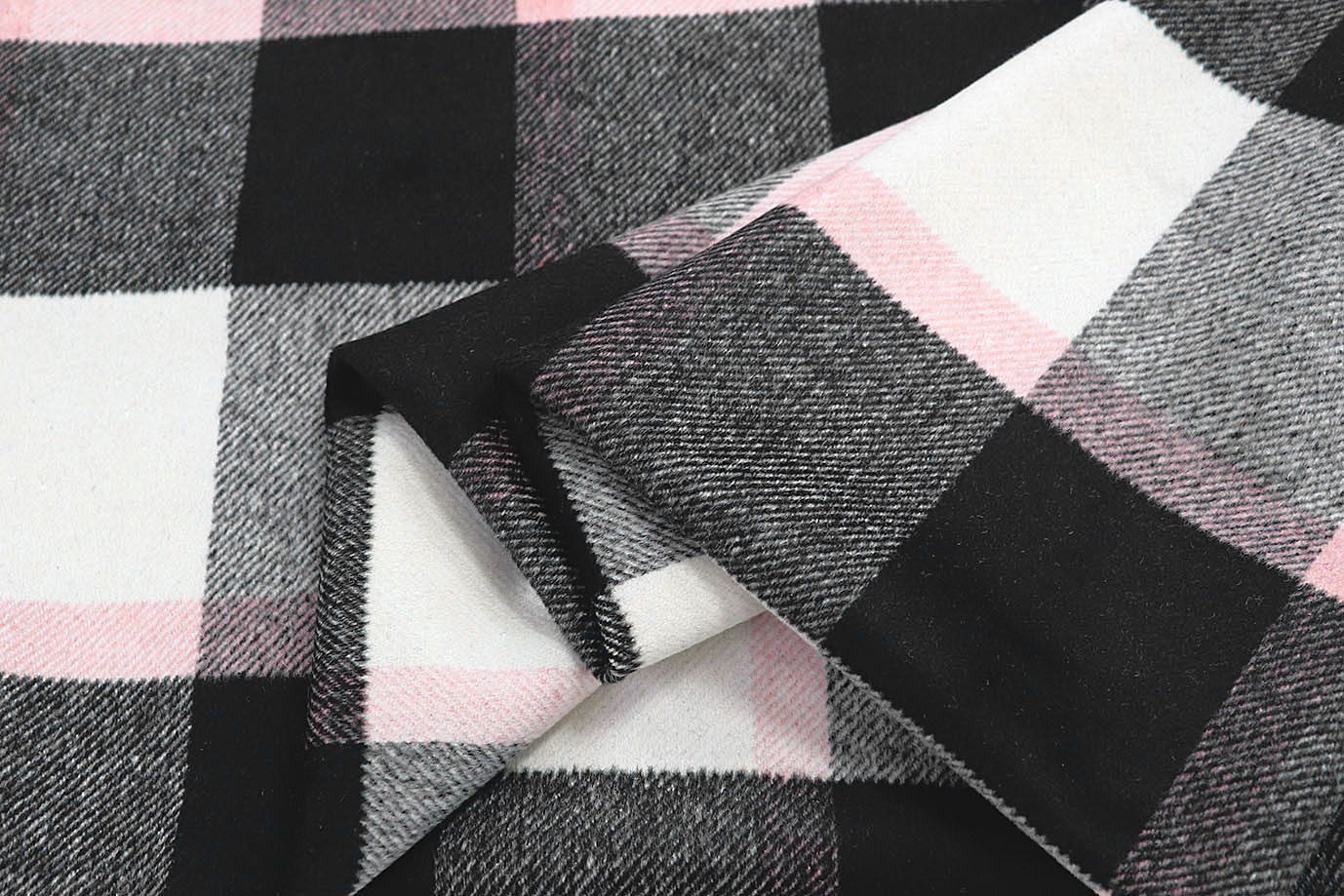 Пальтовая ткань "Микроворса" принт/клетка черно-розовая на белом 778-90135/C#8033-1