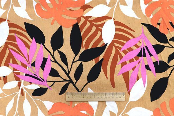 Штапель принт/листья на бежевом 1374-PY/D#30/C#3