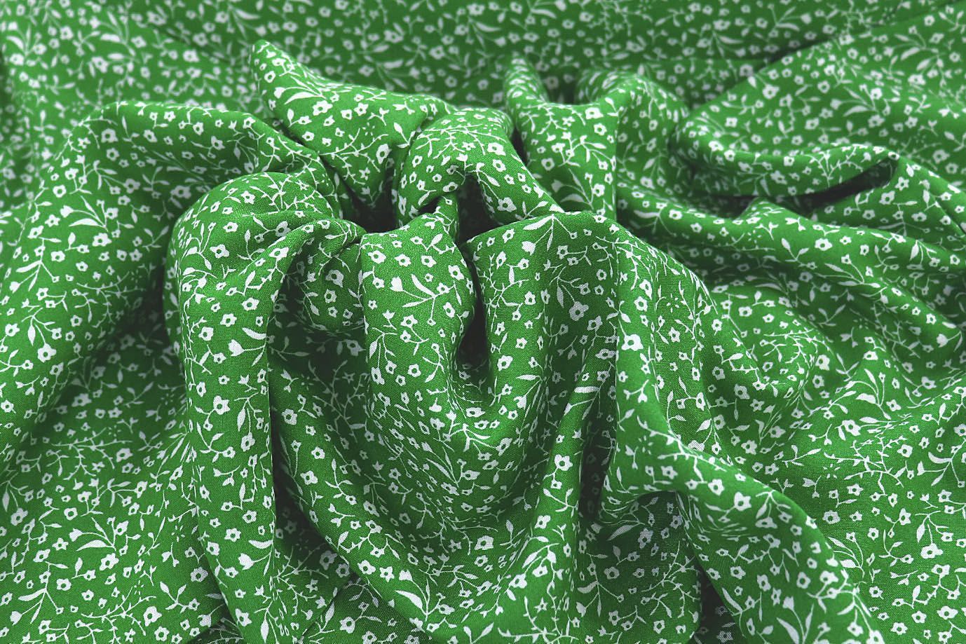 Штапель принт/цветы белые на зеленом 1374-PY/D#50/C#2