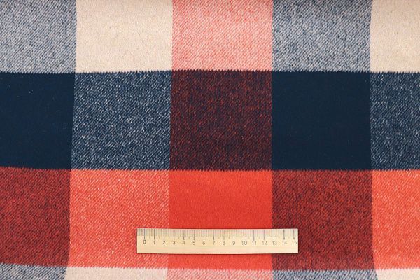 Пальтовая ткань "Микроворса" принт/клетка сине-коралловая на бежевом 778-90135/C#8011-1