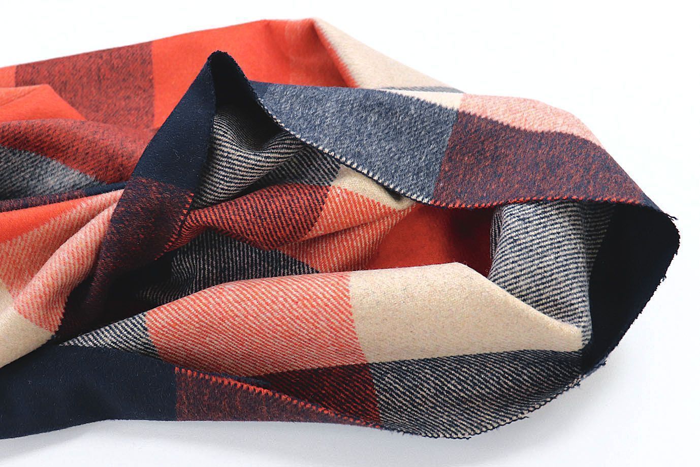 Пальтовая ткань "Микроворса" принт/клетка сине-коралловая на бежевом 778-90135/C#8011-1