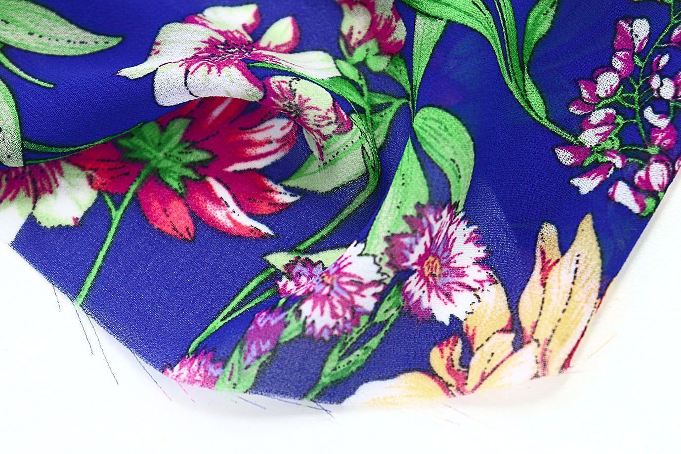 Шифон креп принт/цветы розово-желтые на синем 3639-PY/D#19/C#3