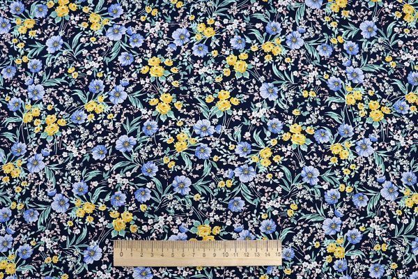 Штапель принт/цветы сине-желтые на черном 3892-PY/D#10/C#1