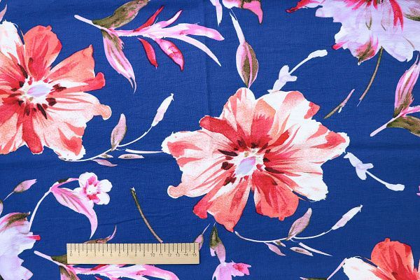 Лен БОХО принт/цветы коралловые на синем 3383-PY/D#9768-287/C#2