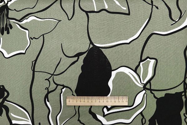 Лен принт/цветы черно-белые на болотном 3852-PY/D#2/C#2