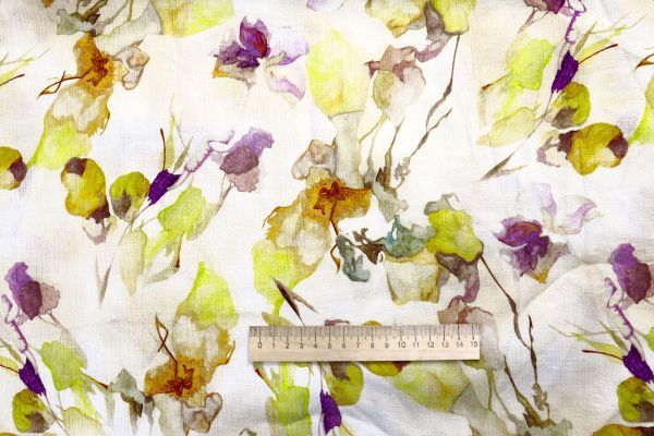 Лен "Медея" принт/цветы салатово-фиолетовые на белом 4097-PY/D#6/C#2