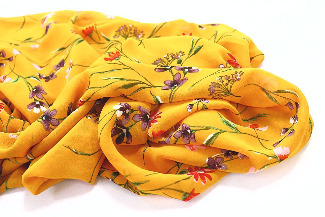 Шифон принт/цветы красно-фиолетовые на желто-оранжевом 3707-PY/D#2/C#4
