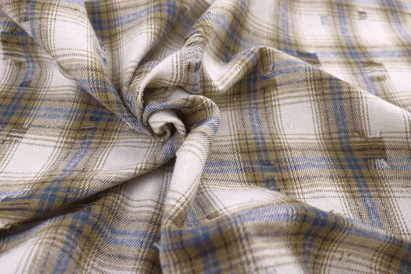 Рубашечная ткань рваная принт/клетка серо-синяя на молочном 1420-PY/C#1