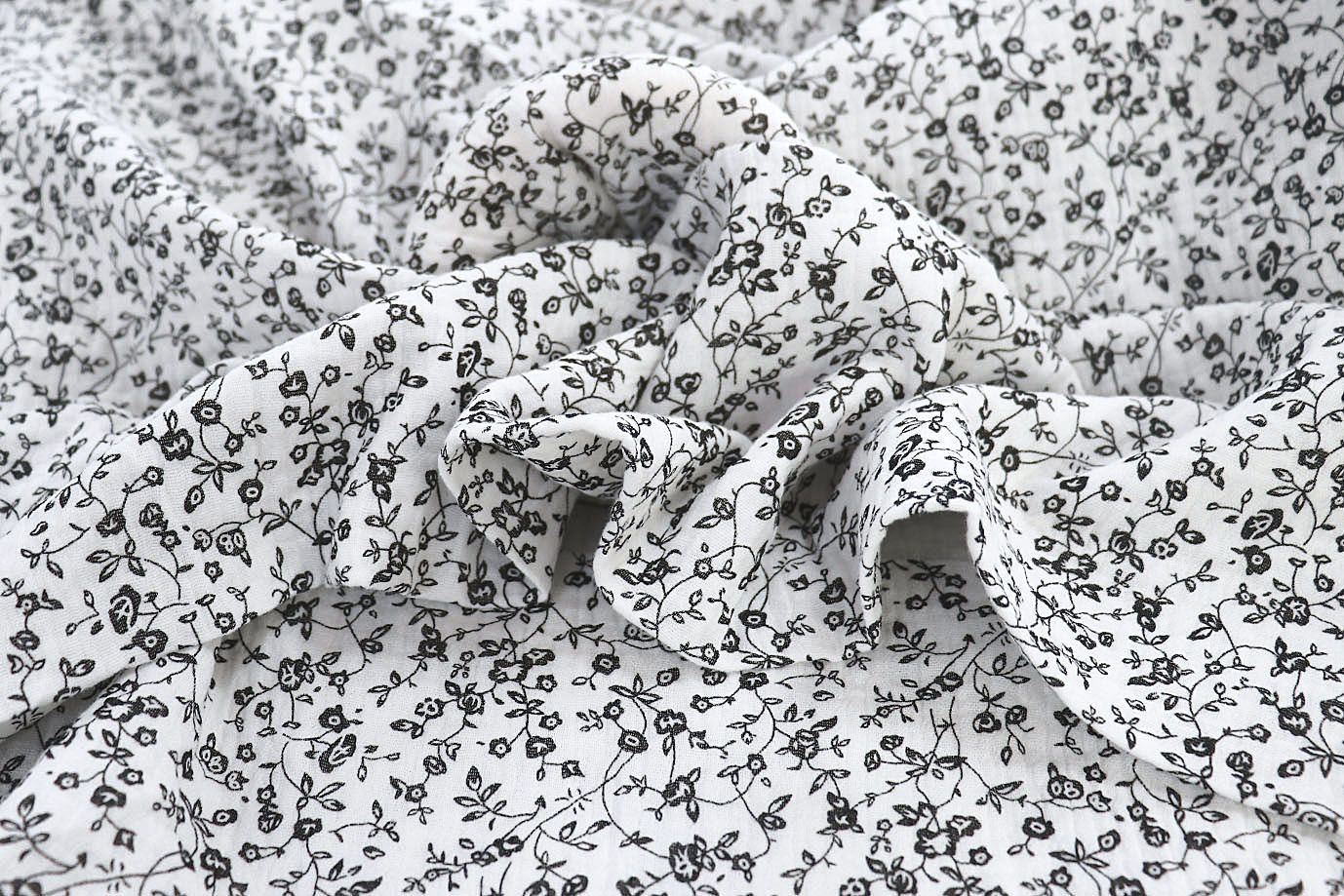 Муслин принт/цветы черные на белом 1393-PY/D#11/C#2