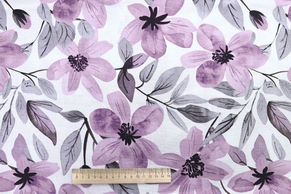 Лен принт/цветы серо-фиолетовые на белом 4076-PY/D#25/C#1