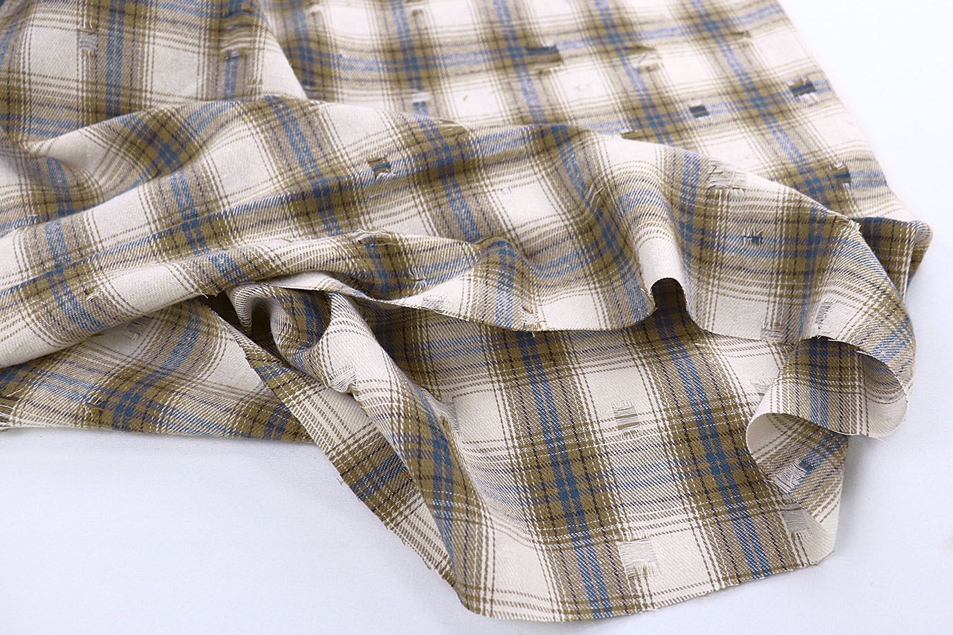 Рубашечная ткань рваная принт/клетка серо-синяя на молочном 1420-PY/C#1