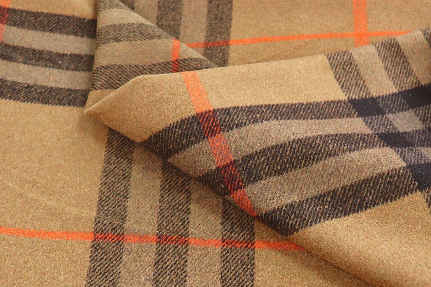 Пальтовая ткань "Микроворса" принт/клетка черно-оранжевая на светло-коричневом 1150-21527/C#2 (3082)
