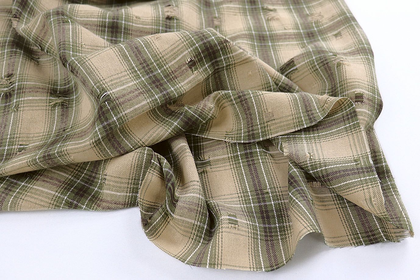 Рубашечная ткань рваная принт/клетка серо-зеленая на бежевом 1420-PY/C#3