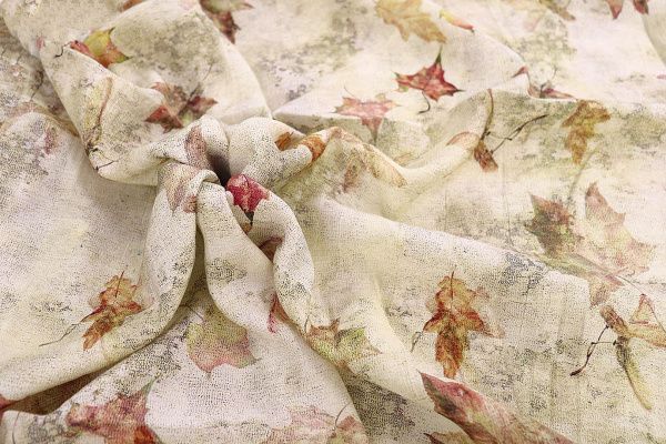 Лен "Медея" принт/листья оранжевые на молочном 3942-PY/D#6/C#1