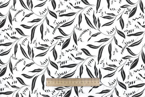 Муслин принт/листья черные на белом 1393-PY/D#24/C#1