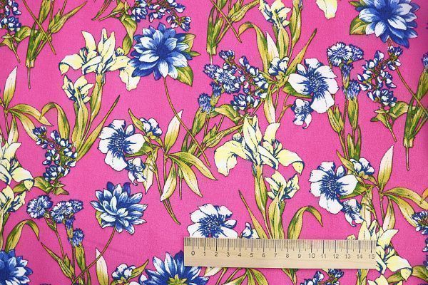 Шифон креп принт/цветы сине-желтые на розовом 3639-PY/D#19/C#1