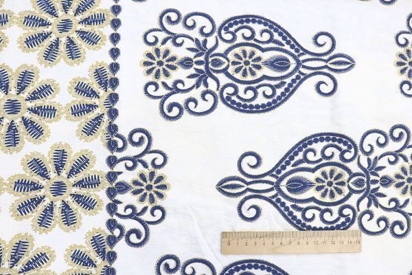 Лен БОХО принт/узор сине-бежевый на белом 3857-PY/D#3/C#1