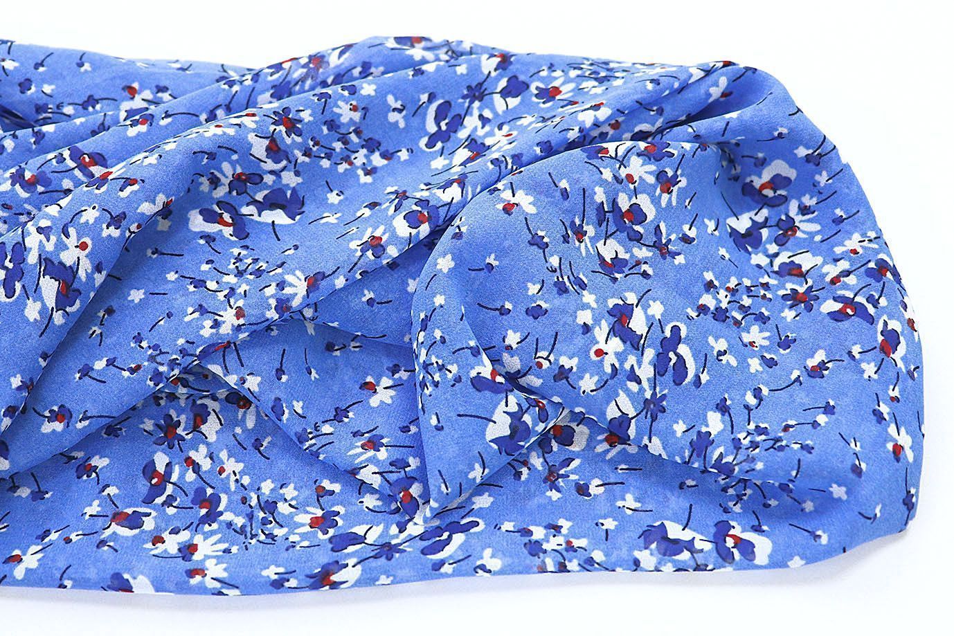 Шифон принт/цветы бело-красные на синем 3707-PY/D#34/C#1