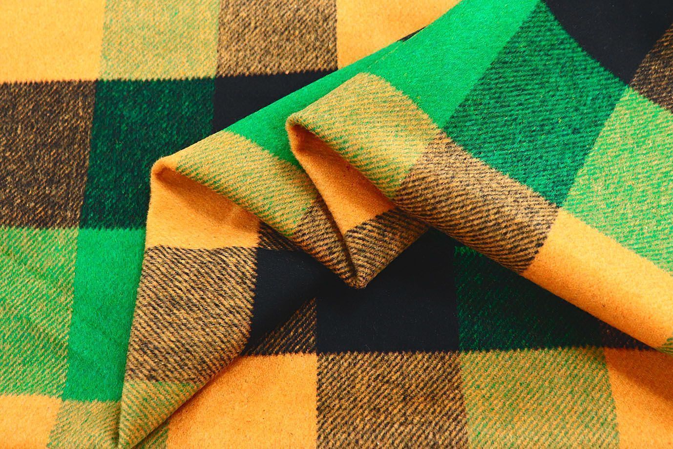 Пальтовая ткань "Микроворса" принт/клетка коричнево-зеленая на оранжевом 778-90135/C#8035-1