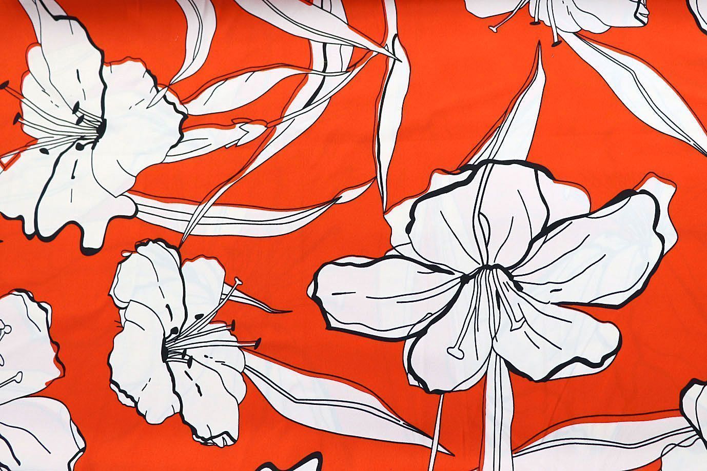 Шелк "Армани" принт/цветы белые на оранжевом 3361-PY/D#7/C#1