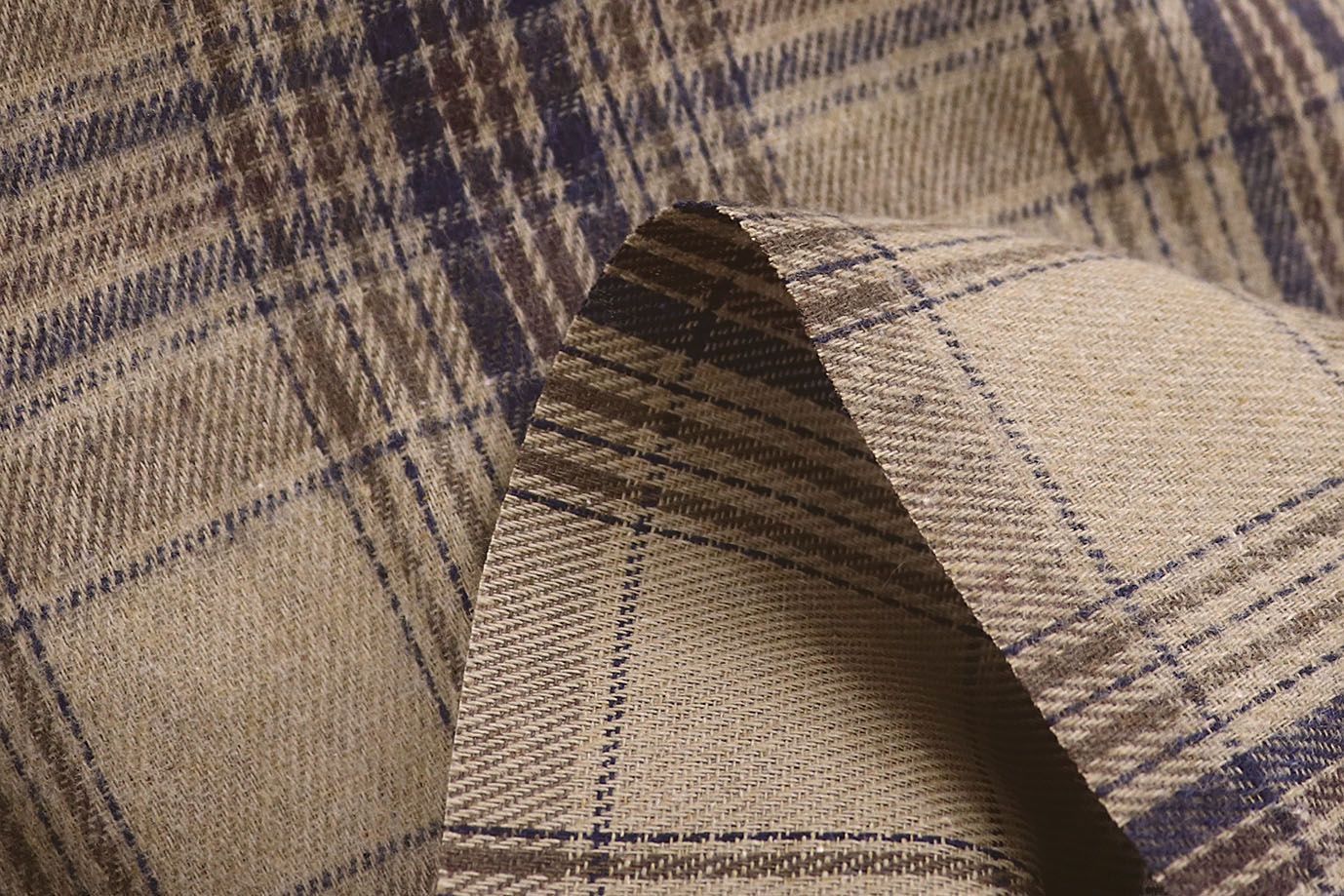 Рубашечная ткань принт/клетка синяя на светло-коричневом 1418-PY/D#2/C#1