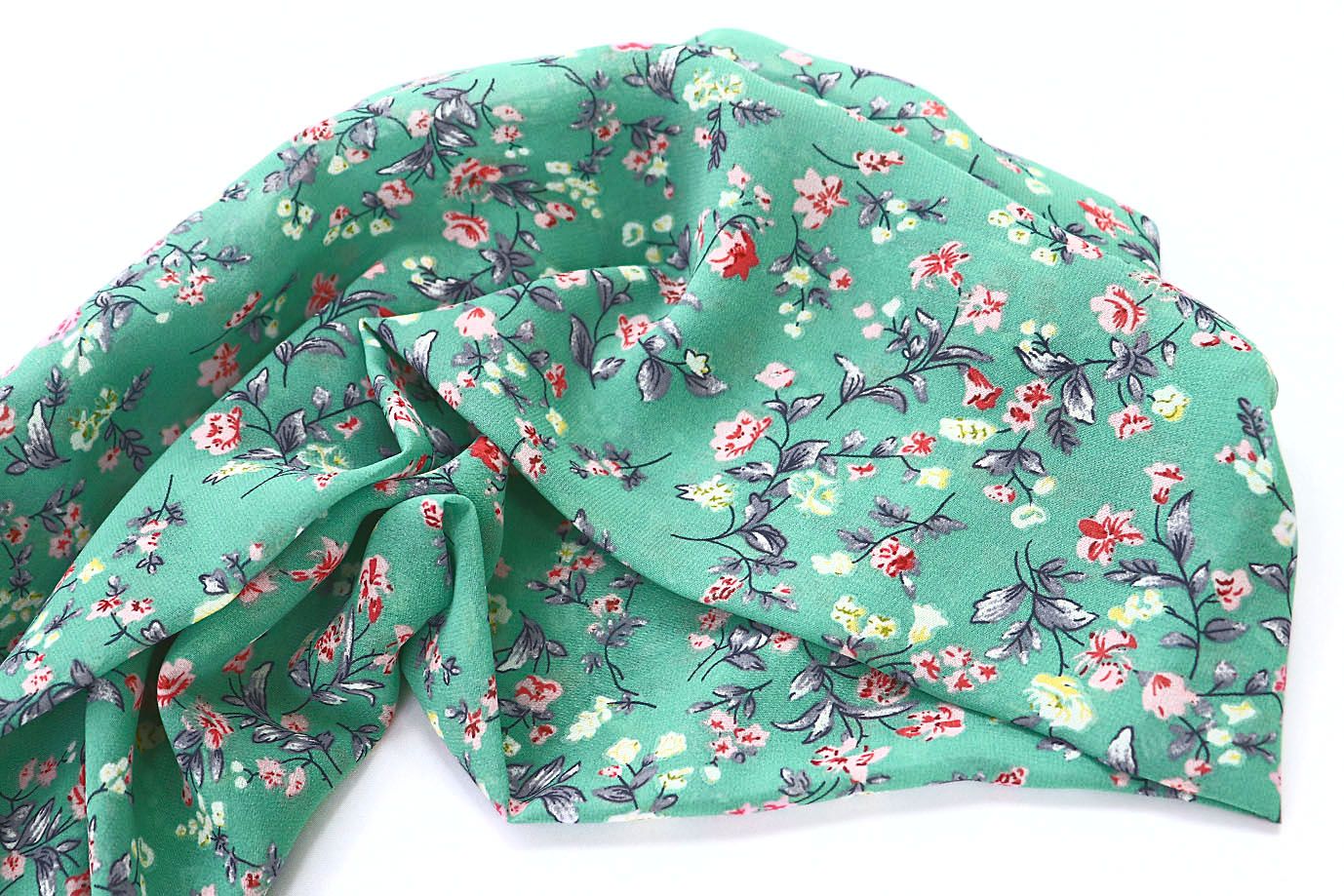 Шифон принт/цветы кораллово-желтые на бирюзовом 3707-PY/D#46/C#2