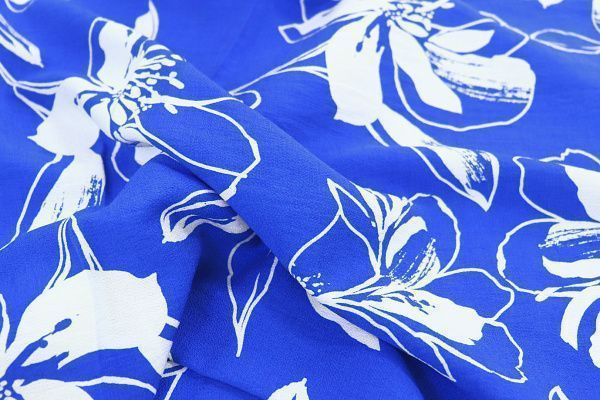 Лен БОХО принт/цветы белые на ярко-синем 3815-PY/D#2/C#9