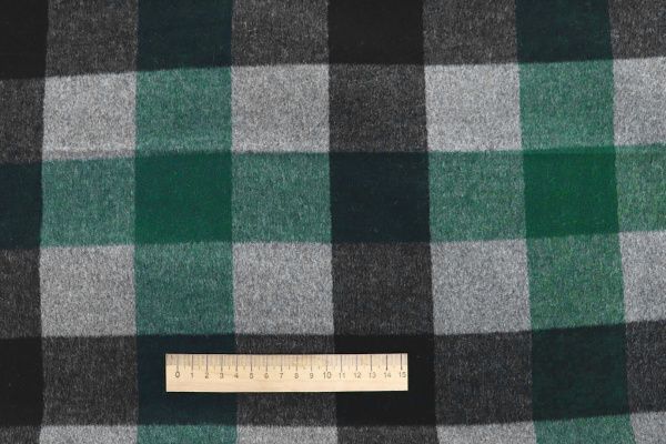 Пальтовая ткань "Микроворса" принт/клетка черно-зеленая на сером 1217-002/C#2