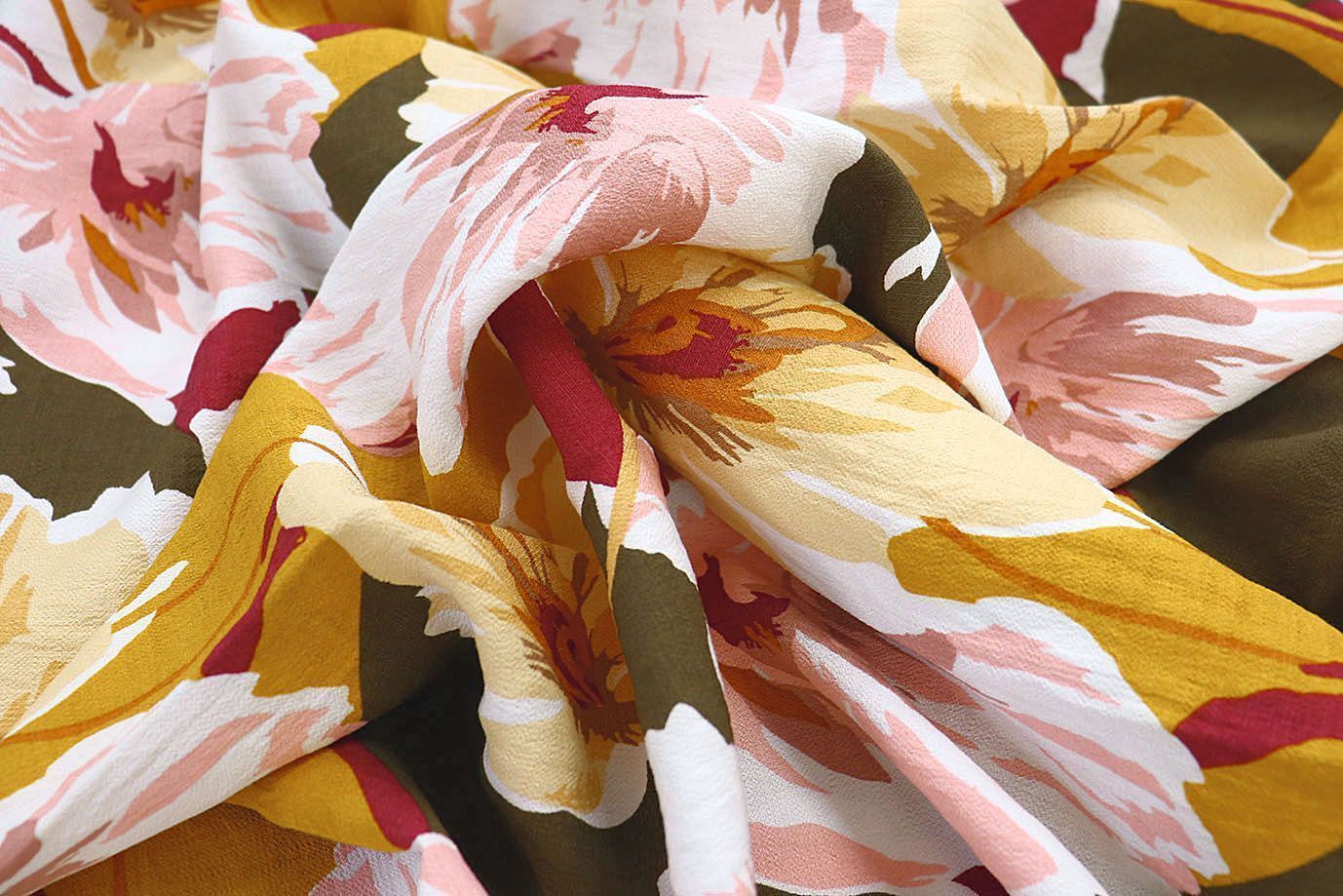 Лен БОХО принт/цветы желто-розовые на болотном 3637-PY/D#3/C#2