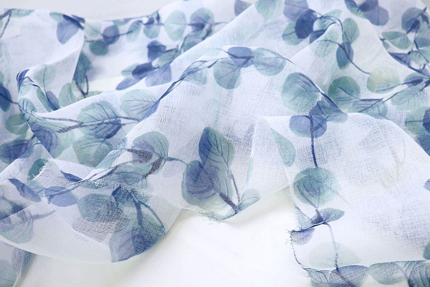 Тюль принт/листья сине-голубые WBC23/C#10C