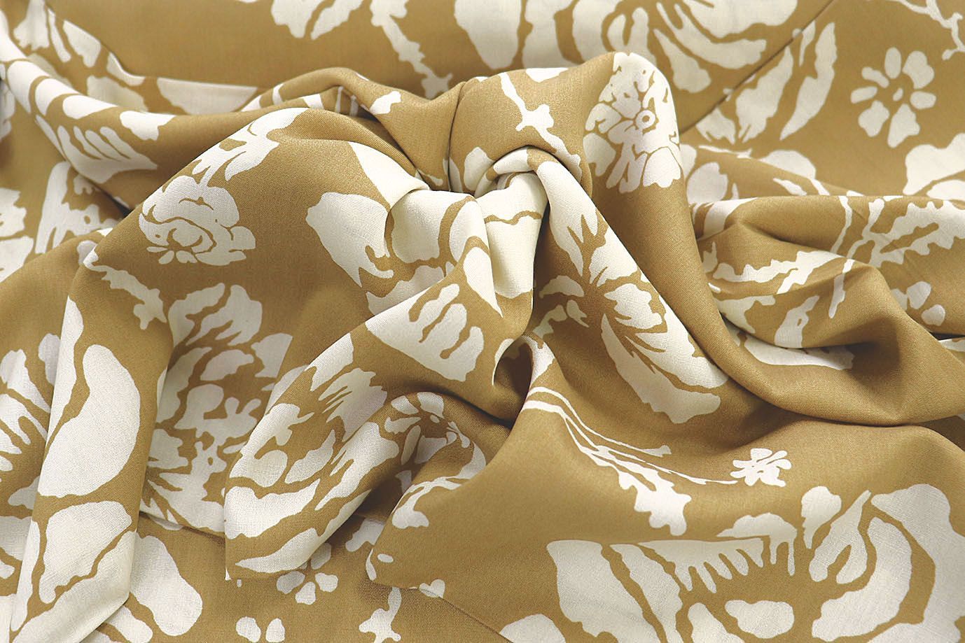 Штапель принт/цветы молочные на горчичном 1374-PY/D#43/C#3