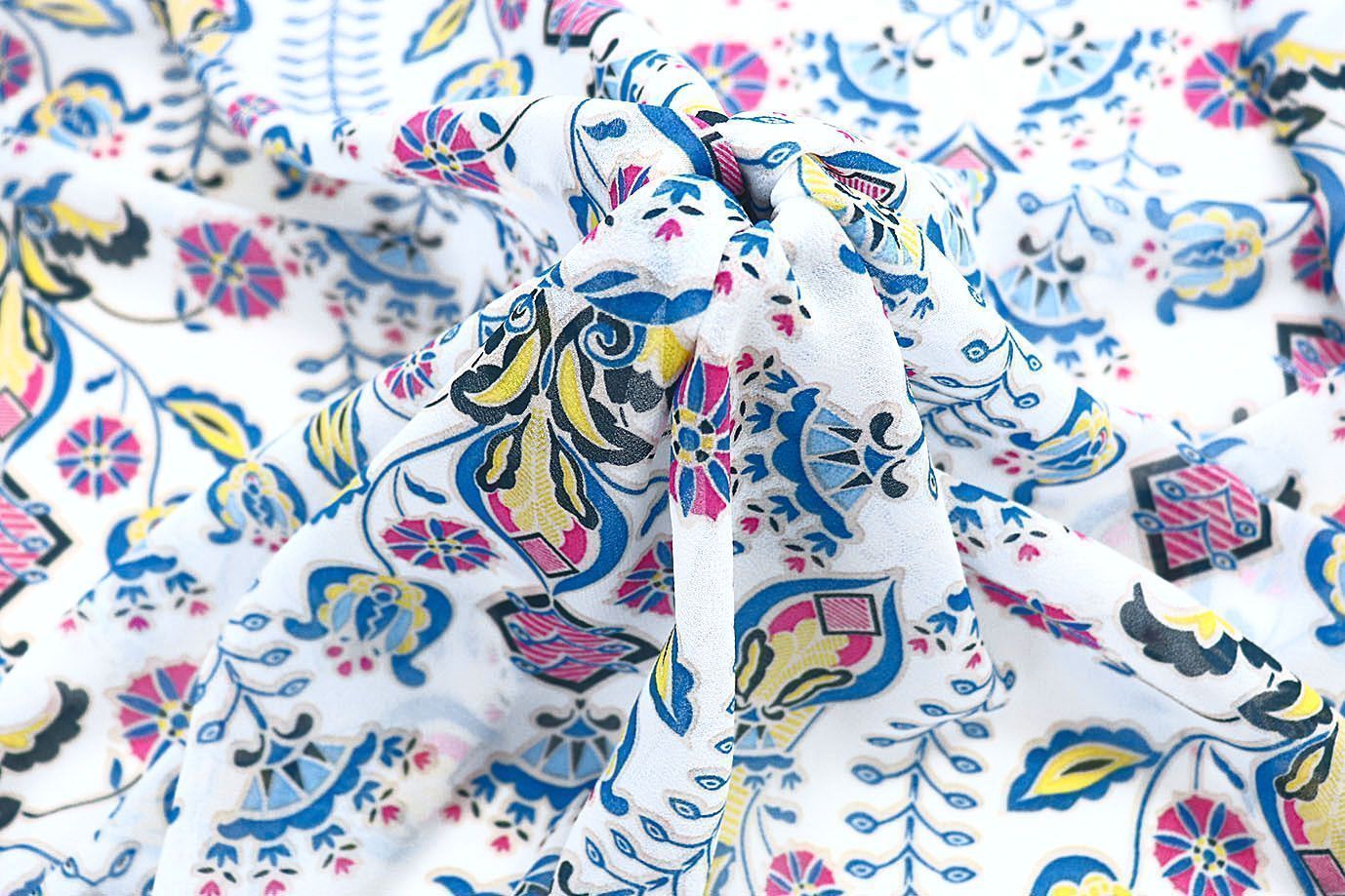 Шифон креп принт/сине-желто-розовый на белом 3639-PY/D#6/C#1