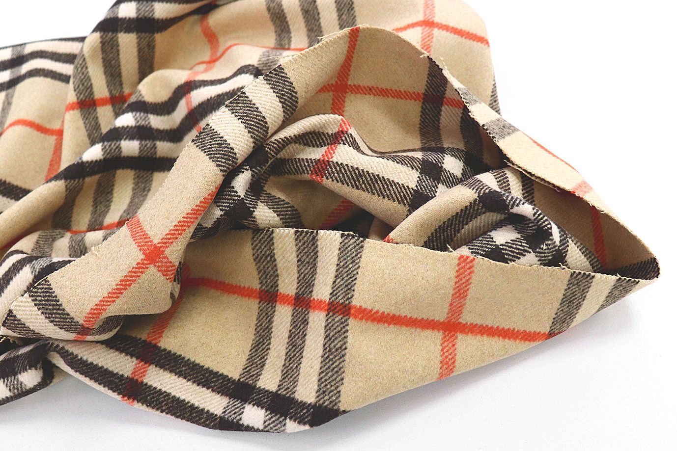 Пальтовая ткань "Микроворса" принт/клетка черно-коралловая на бежевом 778-90135/C#8004-1