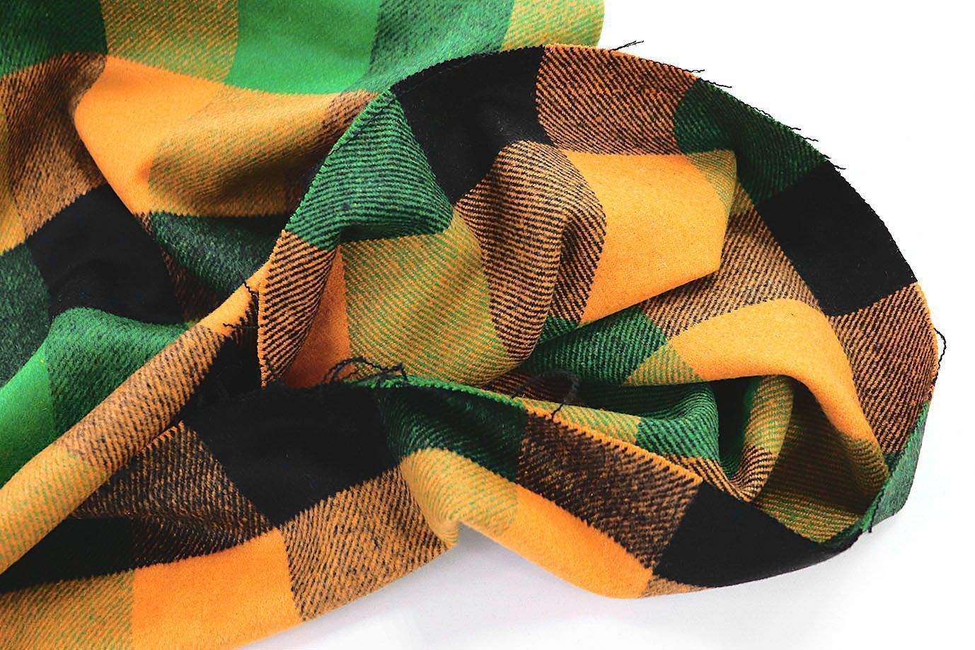 Пальтовая ткань "Микроворса" принт/клетка коричнево-зеленая на оранжевом 778-90135/C#8035-1