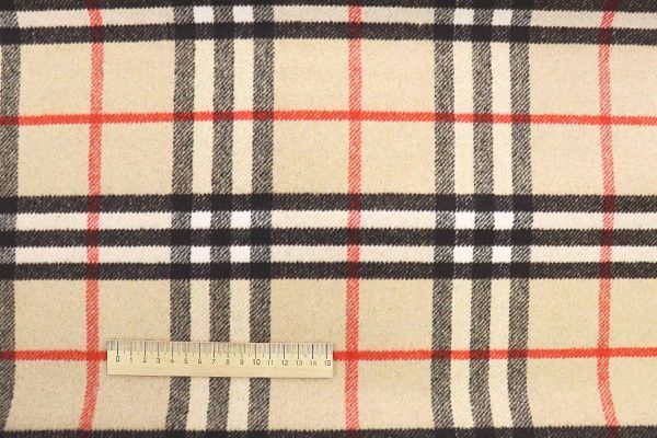 Пальтовая ткань "Микроворса" принт/клетка черно-коралловая на бежевом 778-90135/C#8004-1