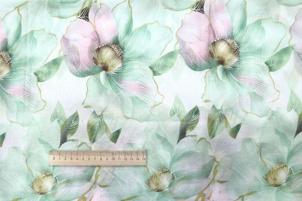 Вуаль принт/цветы зелено-розовые на белом 4152-PY/C#1