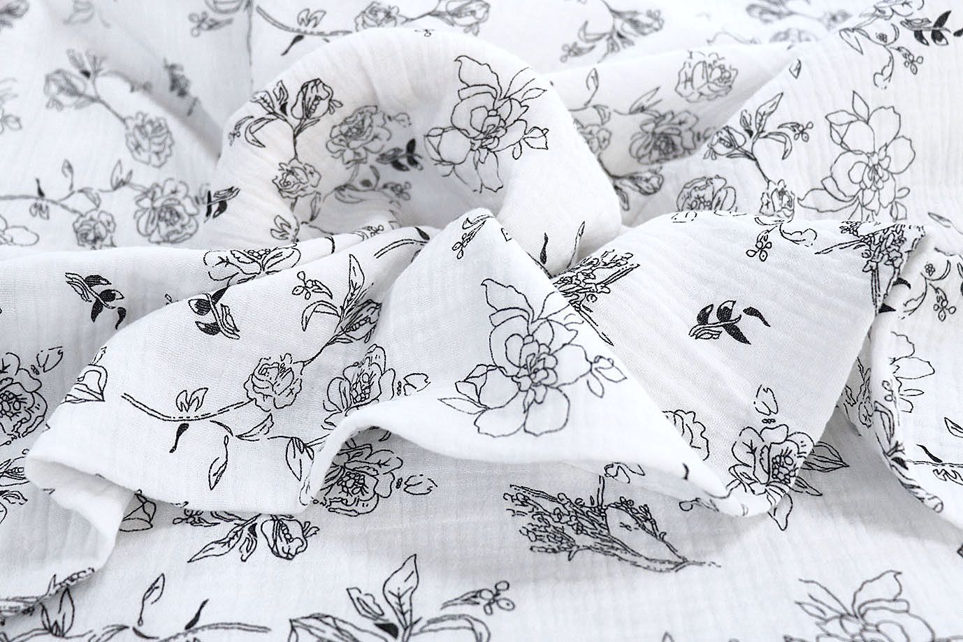 Муслин принт/цветы черные на белом 1393-PY/D#3/C#2