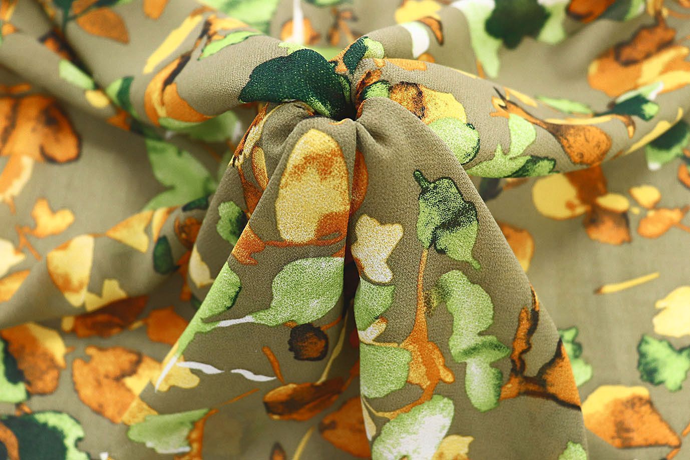 Шифон креп принт/листья желто-зеленые на фоне болотном 3639-PY/D#18/C#1