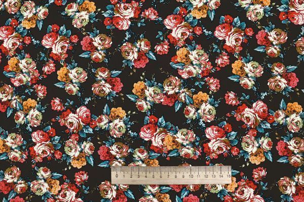 Штапель принт/цветы красно-бирюзовые на черном 4205-PY/D#22/C#3