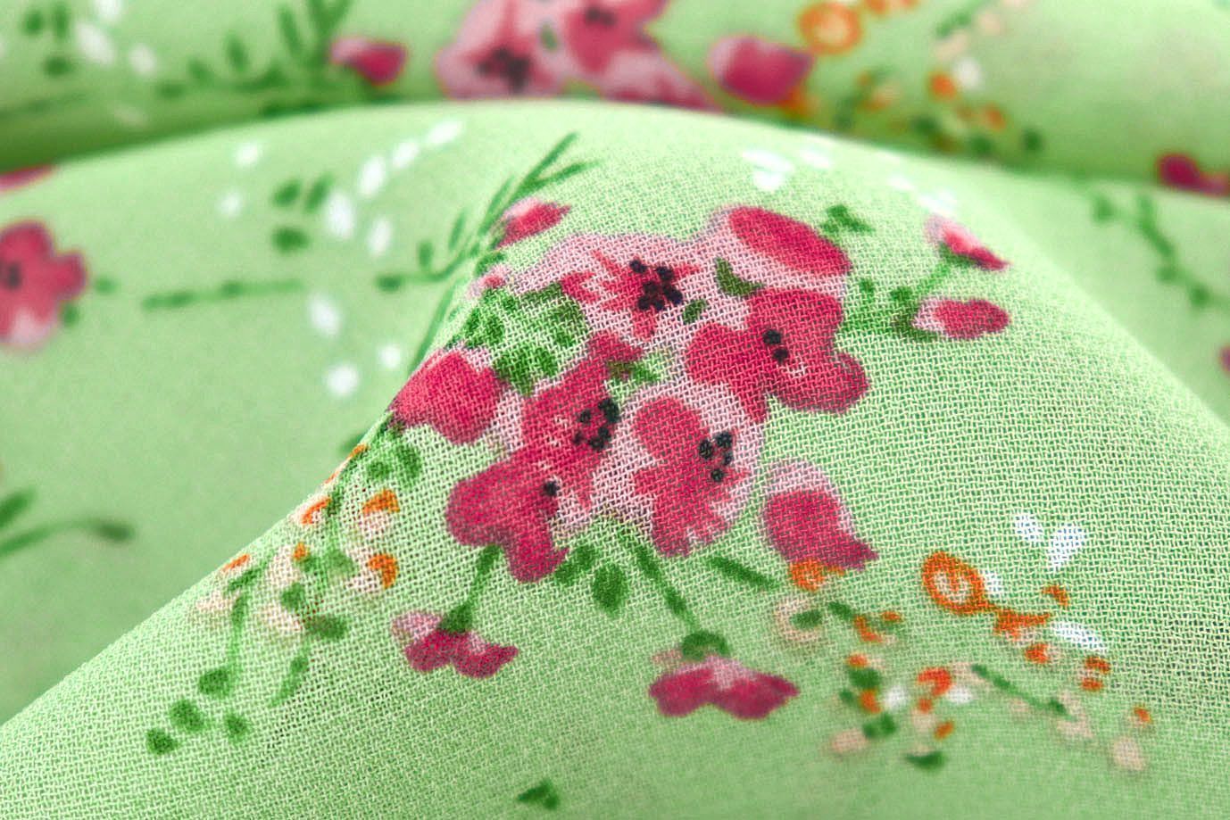 Шифон принт/цветы малиновые на светло-зеленом 3707-PY/D#10/C#2