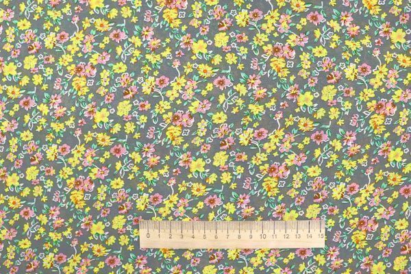 Шифон принт/цветы желто-розовые на сером 3707-PY/D#42/C#1