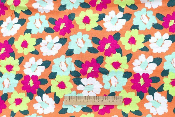 Лен БОХО принт/цветы на оранжевом 3383-PY/D#9763-130/C#1