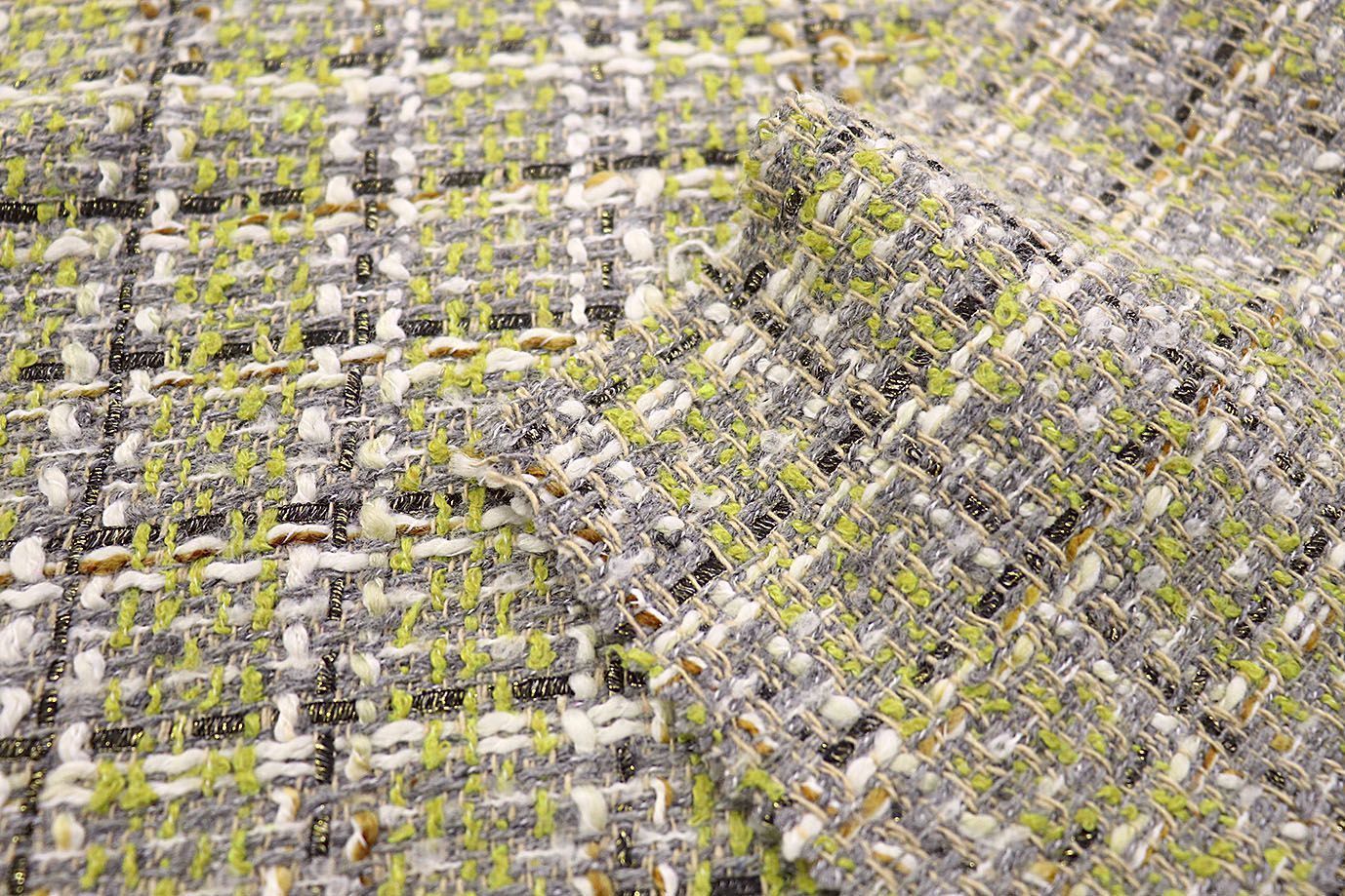 Твид "Шанель" с люрексом принт/клетка серо-салатовая AP2303014041/D#1392-164/C#1